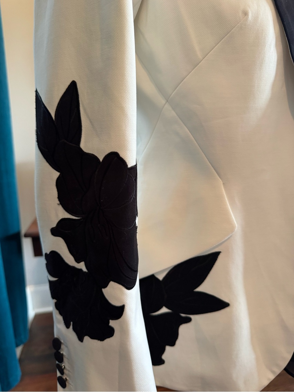 White House Black Market White Blazer with Black Floral Appliqué - Picture 3 of 13